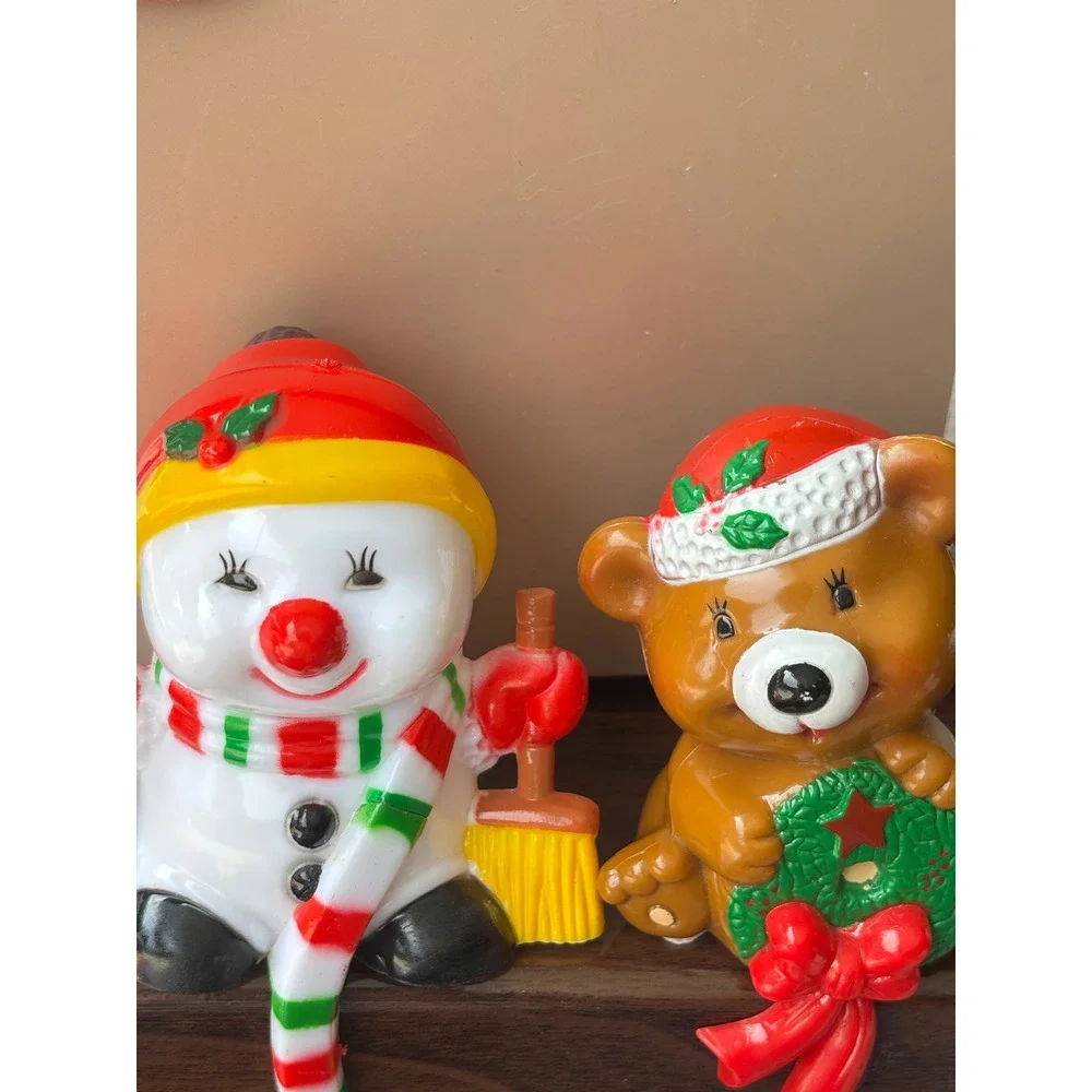 Vintage 1985 Future Christmas Stocking Holders Snowman Bear Mantel Hangers Set 2